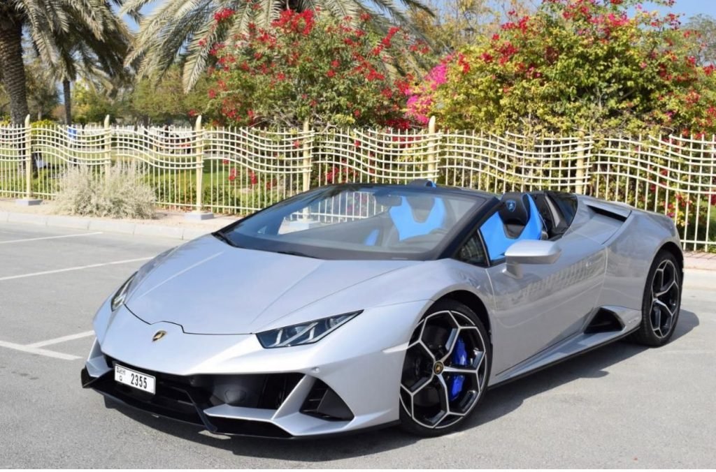 Lamborghini Huracan Evo Spyder Silver 2021 for rent Dubai
